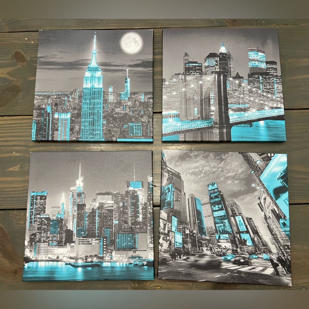 4-piece Gray and Turquoise Wall Art in GUC. 4/$24. All measure 11 3/4"x 11 3/4